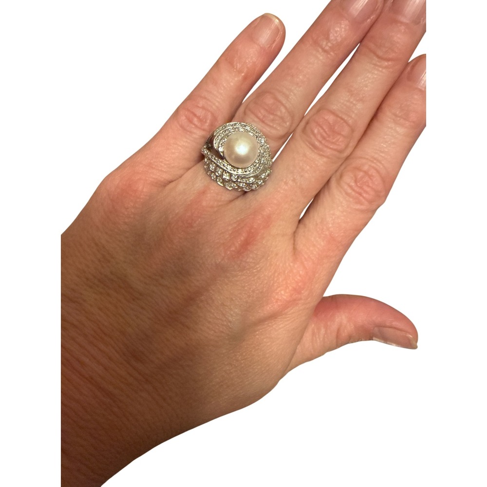 Sterling Silver Pearl Swirl Cocktail Ring Cubic Zirconia‎ Statement Size 7.75